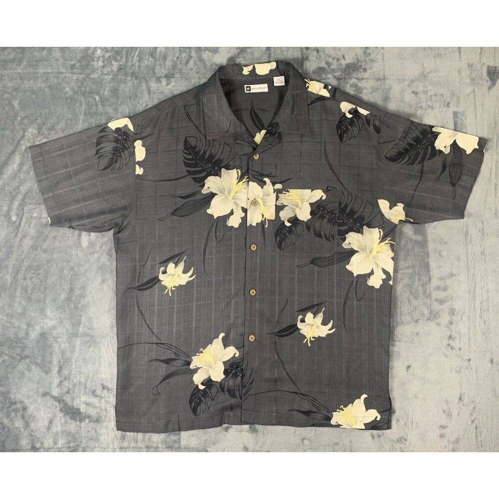 Bachrach Mens 100% Silk Hawaiian Shirt Size XL Gray Floral Vacation Aloha Beach